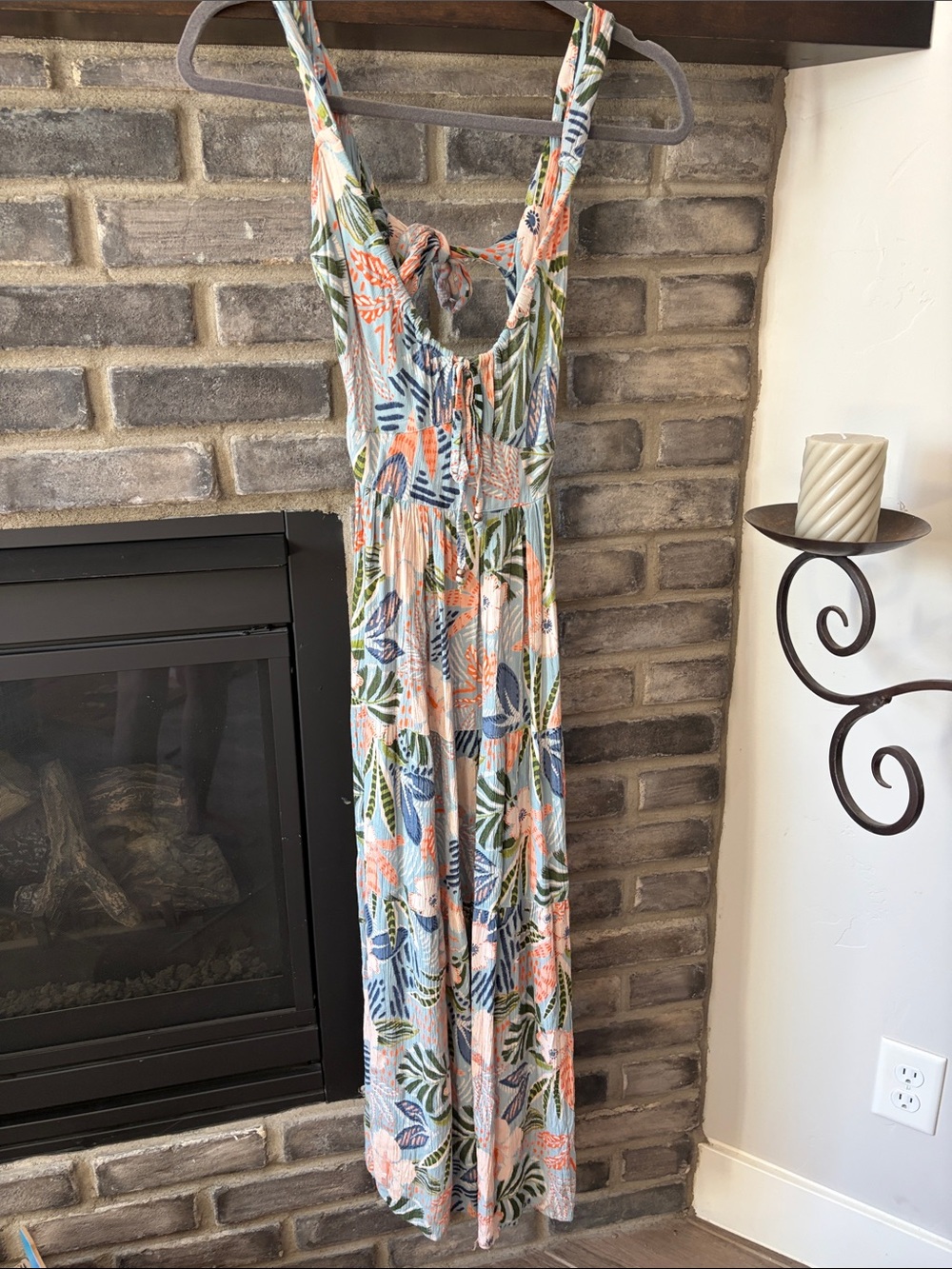 Angie Tropical Leaf Print Maxi Dress in Coral, Green & Blue